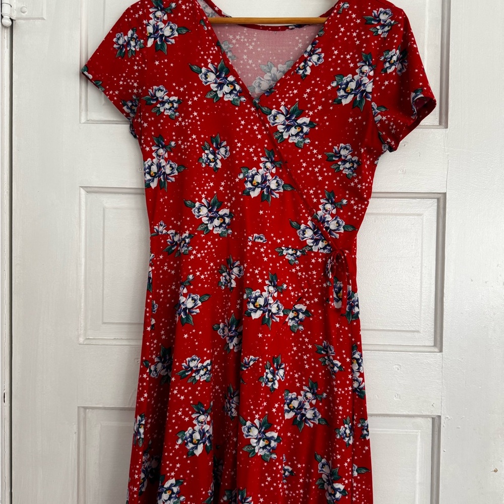 Red Floral Red Wrap Dress Small